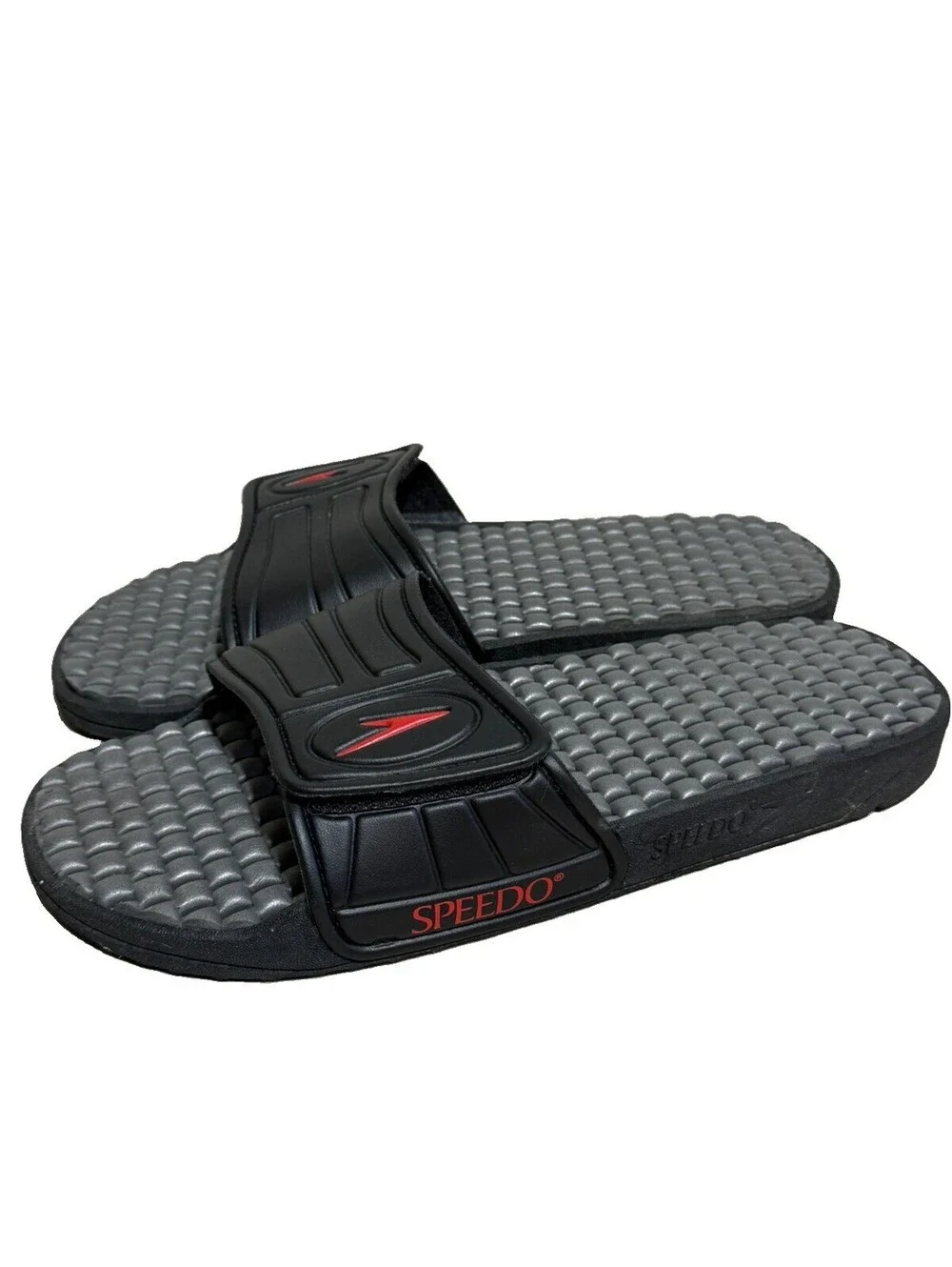 Speedo Mens Slide Sandals USA 13-14 XL Black Gray Adjustable Pool Shower Beach